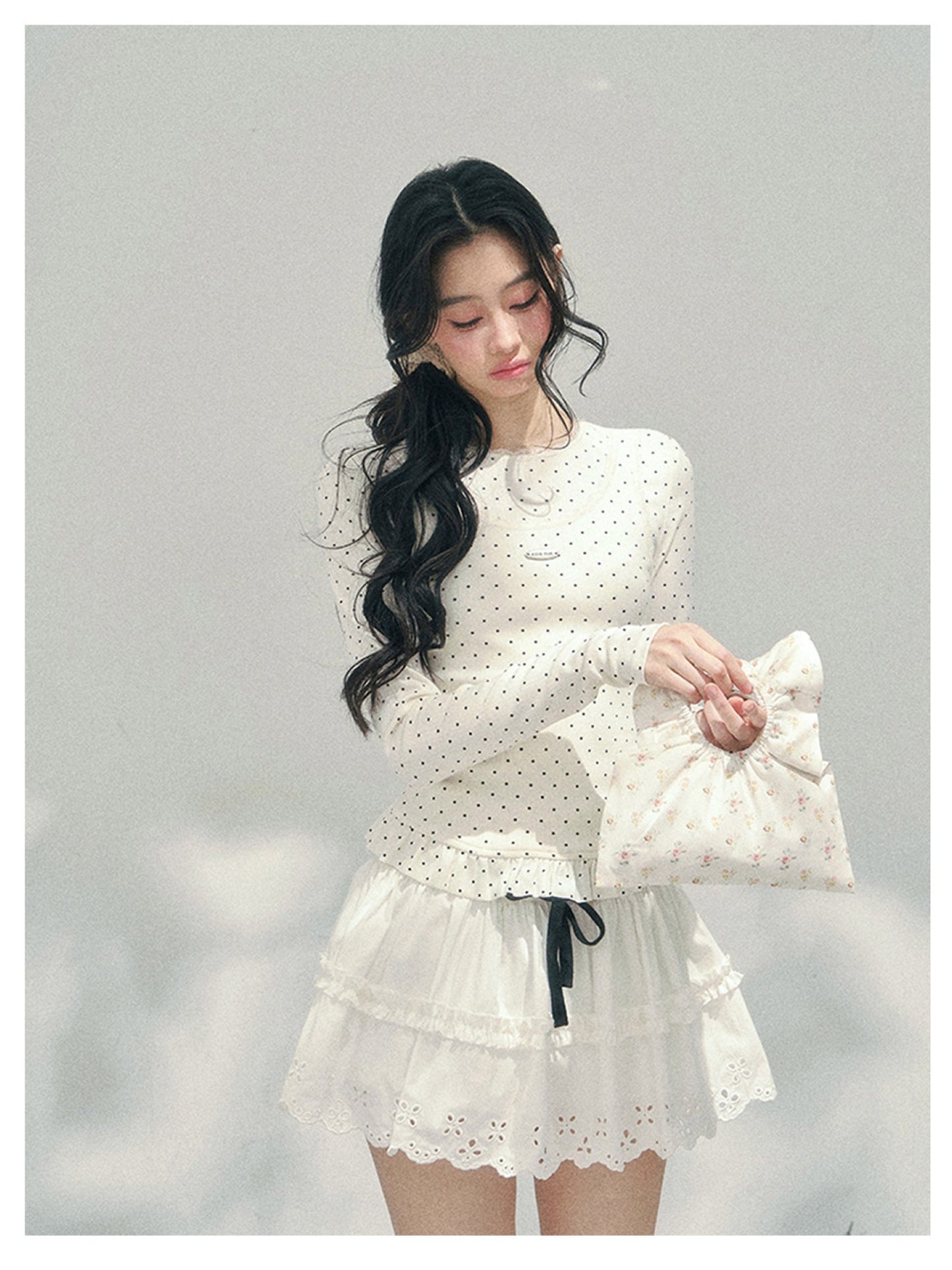 少也眼 “Soft Muse Student” Lace Polka Dot Faux-Layer Shoulder Tee 6747668