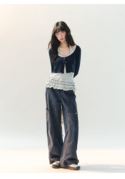 [CAN] "Tomorrow's Star" Dark Indigo Studded Wide-Leg Denim Jeans