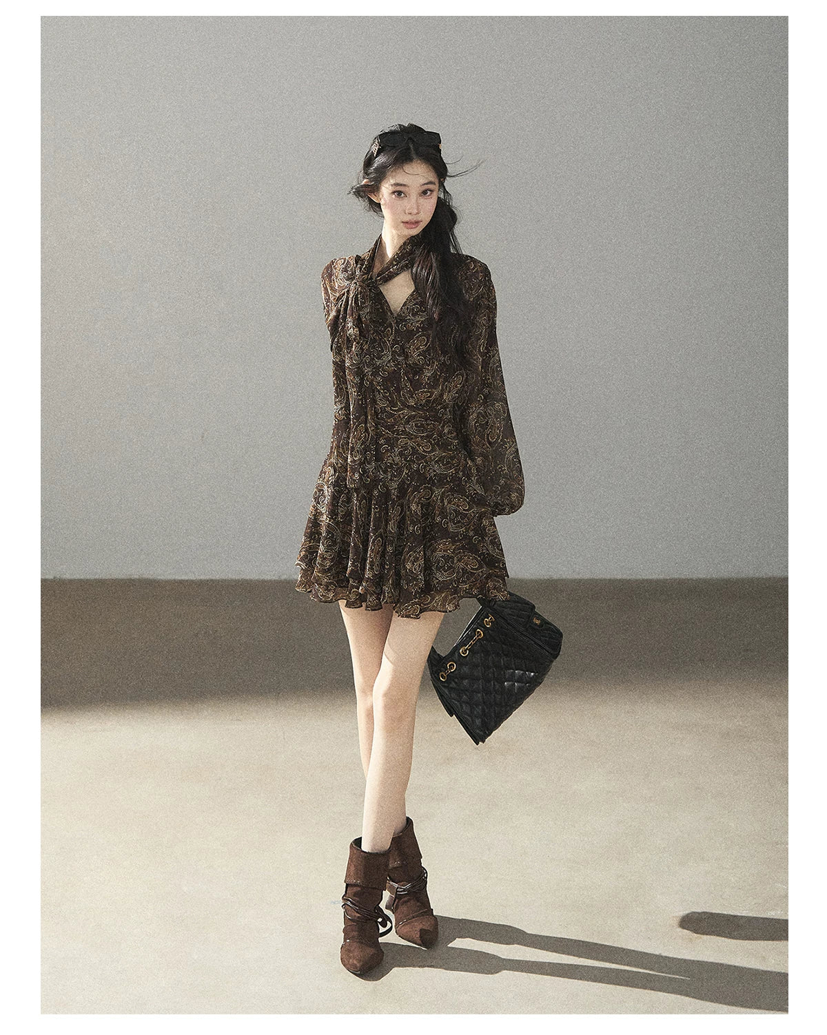 "Wait for a Tree of Blossoms" Cocoa Brown French Long-Sleeve Chiffon Dress (+ Camisole)
