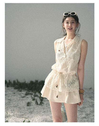 “Summer Breeze Kissing the Hem” Ivory Lace Layered Sleeveless Top