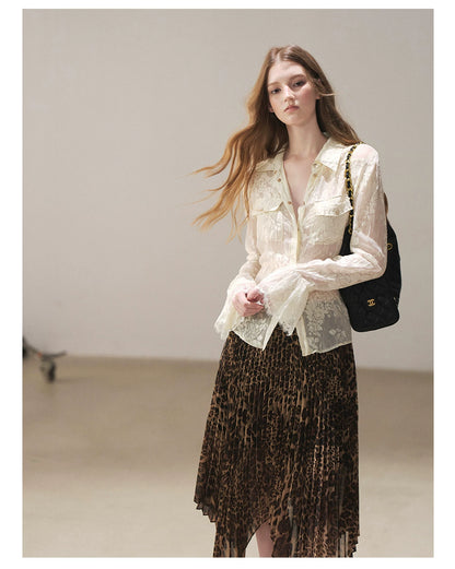 AOMALM - “Cocoa Leopard” Pleated Asymmetric Midi Skirt