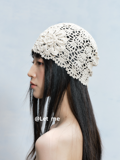 Floral Crochet Beanie – Openwork Lace Knit Hat