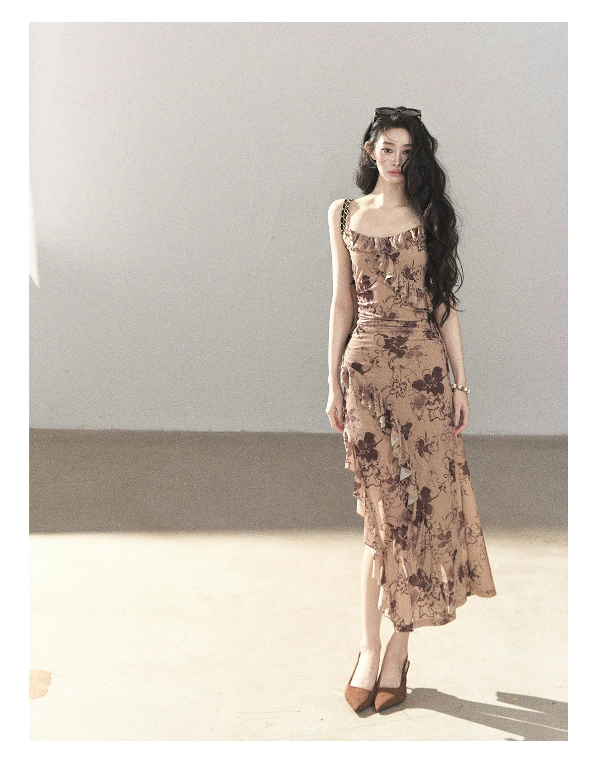 AOMALM - "Wildflower Date" Milk Tea Brown Ruffle Floral Maxi Dress (With Matching Hair Tie)