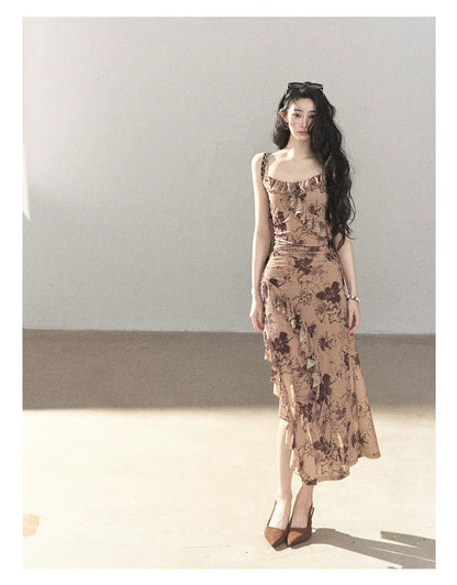 AOMALM - "Wildflower Date" Milk Tea Brown Ruffle Floral Maxi Dress (With Matching Hair Tie)