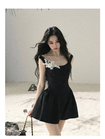"Wisteria Climbing the Vines" Black Iris Floral Lace Puff Mini Dress 7645