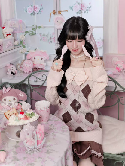 KYOUKO - My Melody Cream Argyle Off-Shoulder Sweater and Cocoa Maid Skirt Set