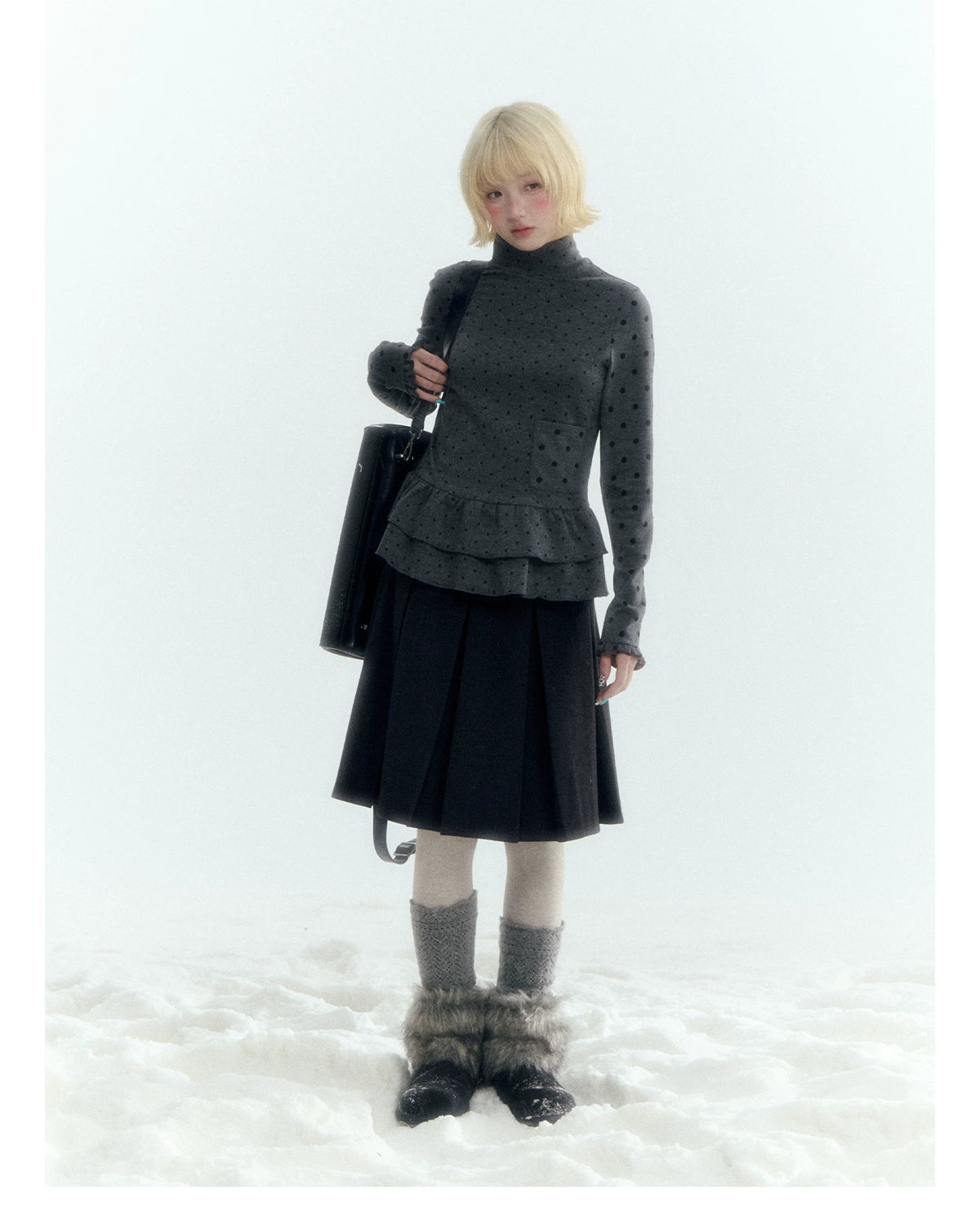 Horridale - Dark Gray Polka Dot Mock Neck Layering Top with Ruffle Hem