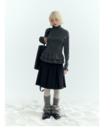 Horridale - Dark Gray Polka Dot Mock Neck Layering Top with Ruffle Hem