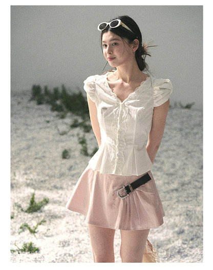 “Untouched Ivory” Pure White Lace Puff Sleeve Blouse