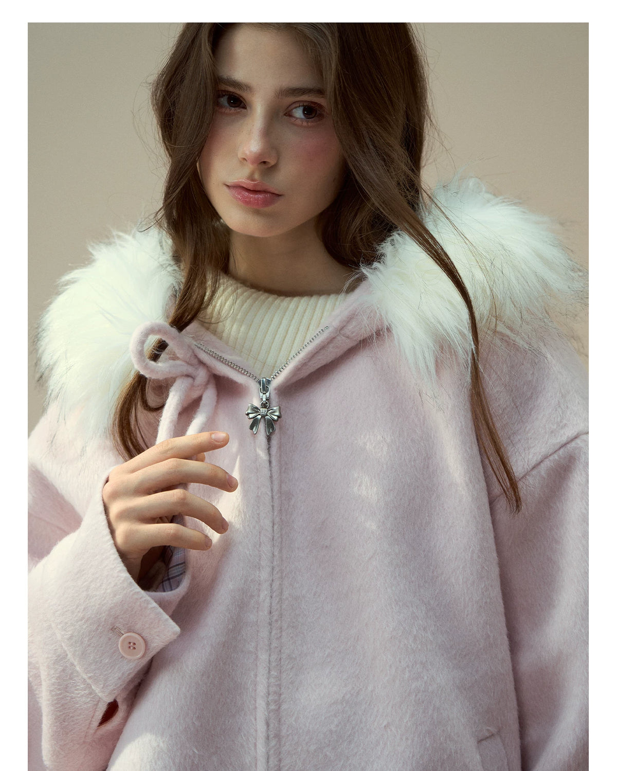 SunsetPark - "Warm Winter Days" Faux Fur Collar Wool-Blend Top Coat (Gray / Pink)