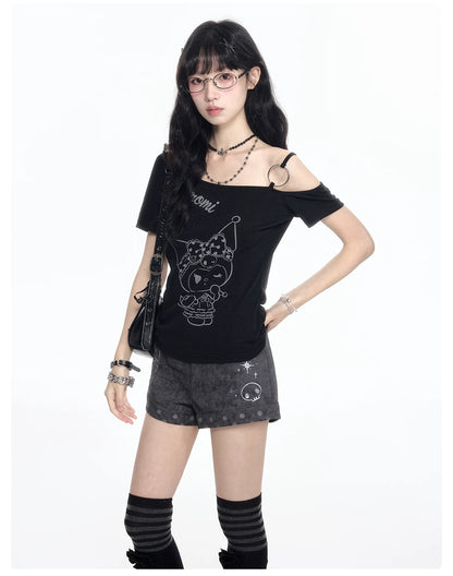 170726K "Shadow Rebel" Black Asymmetrical Shoulder Collection (One-Shoulder Tee / Casual Shorts)