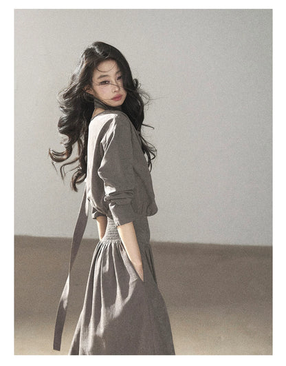 AOMALM - Gray-Purple Pleated Maxi Dress with High-Waisted Cinch Belt