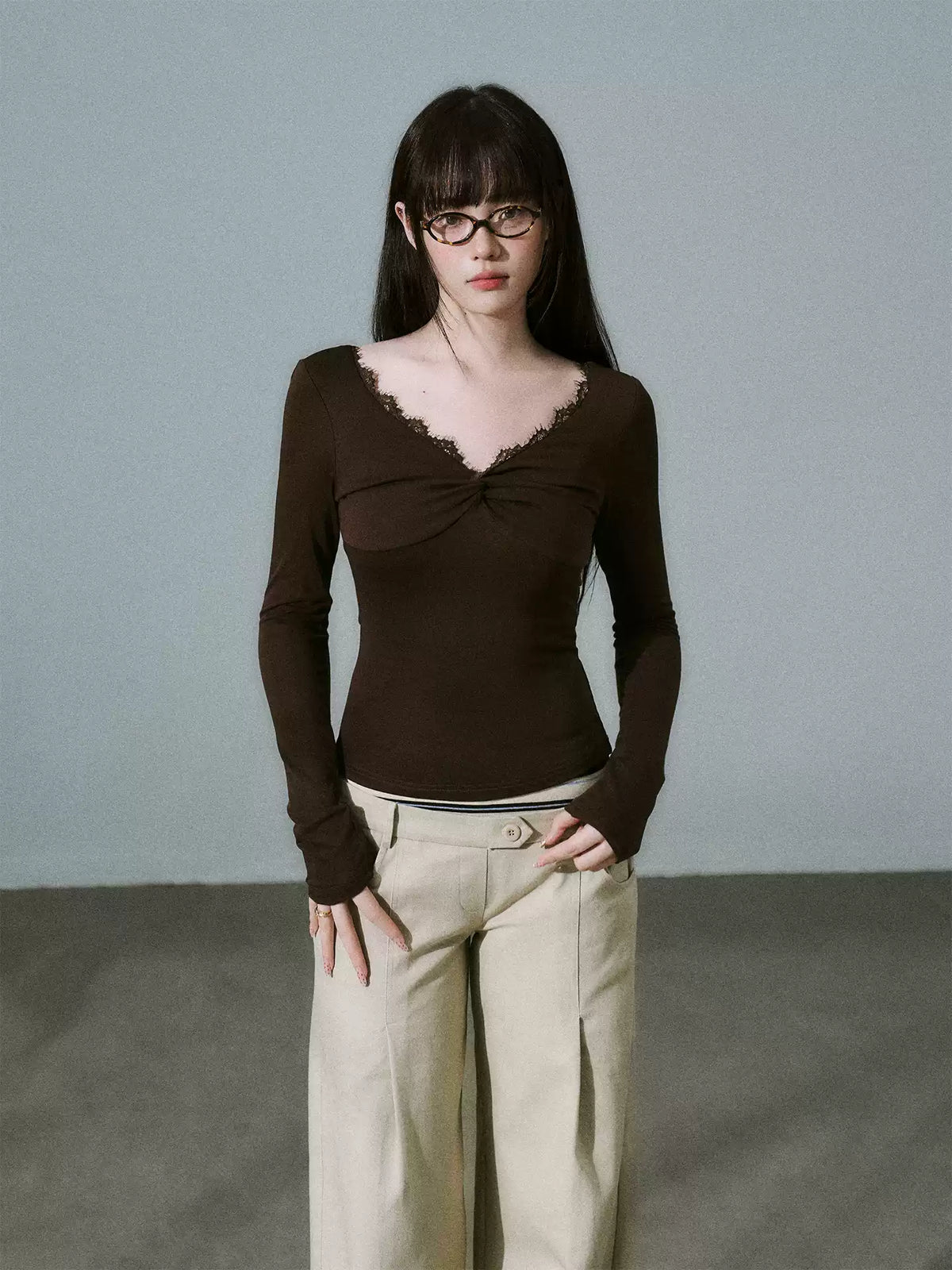 LOST FOREST - Brown Lace-Trim Twist Lyocell-Wool V-Neck Long Sleeve Top