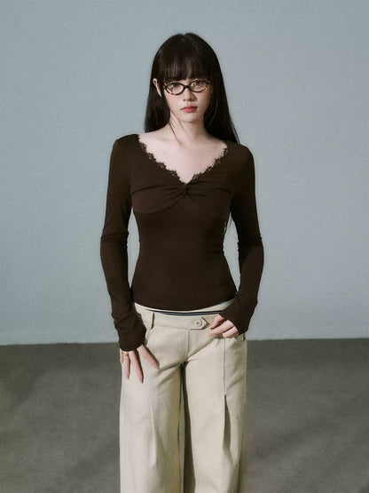 LOST FOREST - Brown Lace-Trim Twist Lyocell-Wool V-Neck Long Sleeve Top