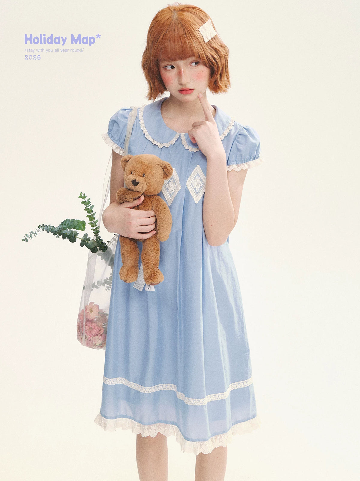 "Sweet Tea Doll" Haze Blue Lace Puff Sleeve Peter Pan Collar A-Line Dress