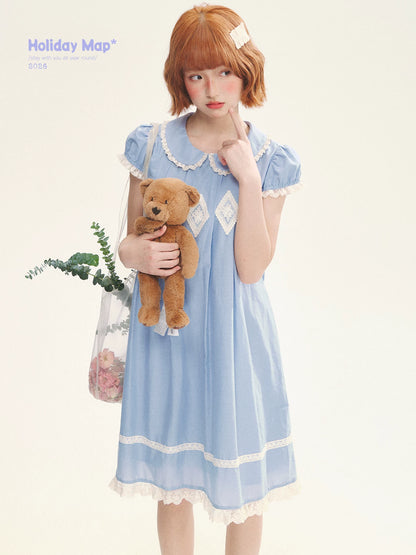 "Sweet Tea Doll" Haze Blue Lace Puff Sleeve Peter Pan Collar A-Line Dress
