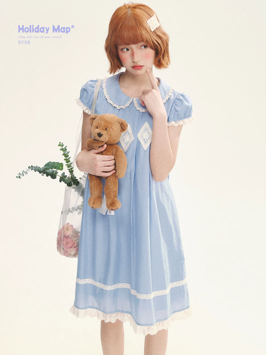 "Sweet Tea Doll" Haze Blue Lace Puff Sleeve Peter Pan Collar A-Line Dress