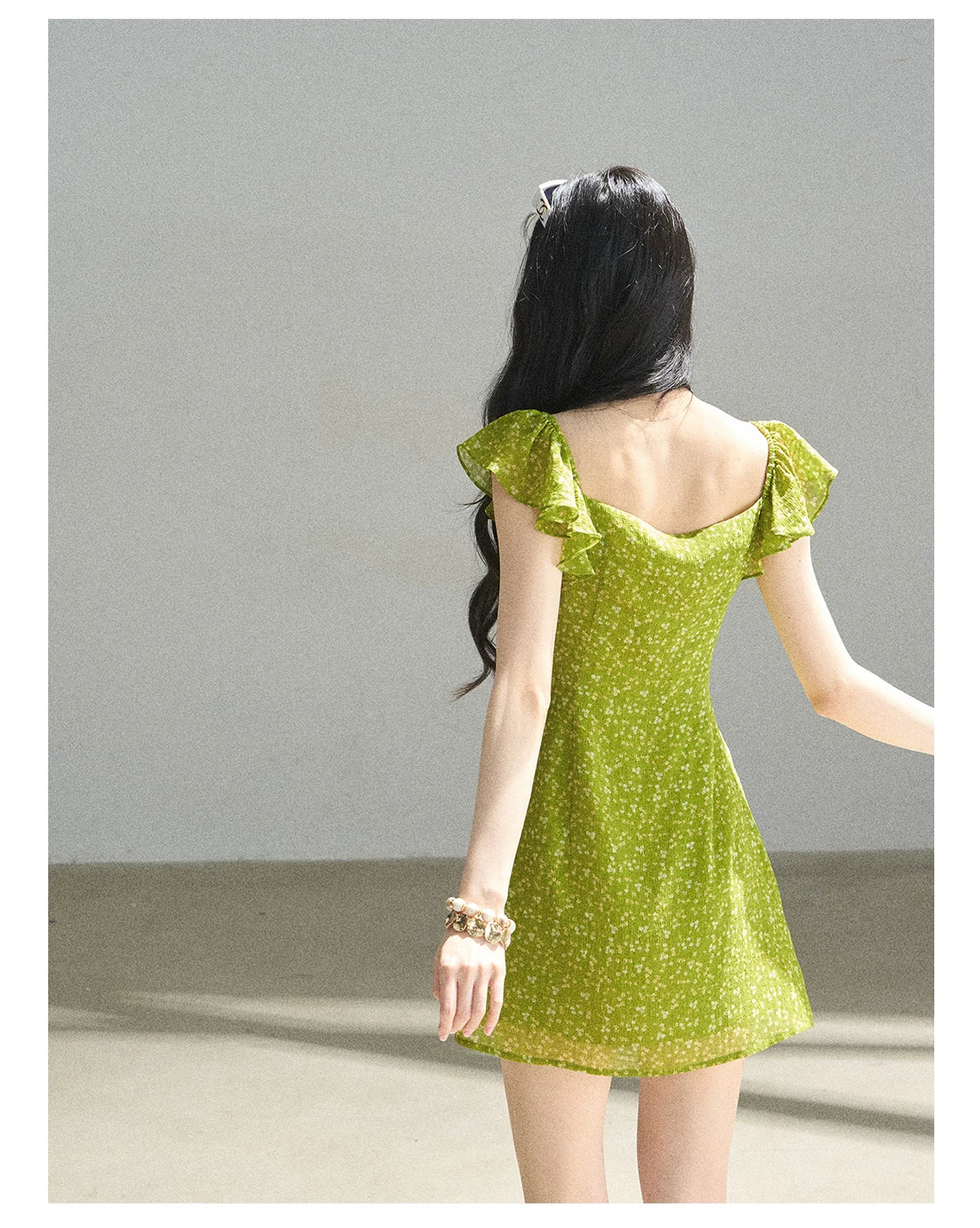 "Emerald Breeze" Primrose Green Floral Chiffon Mini Dress