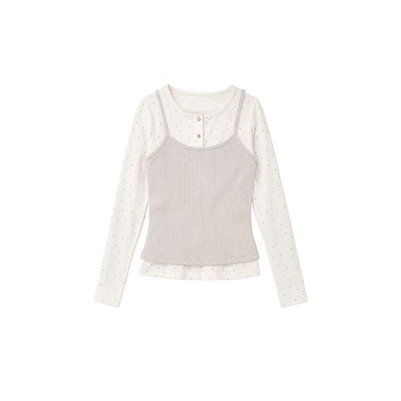 DAILY ARTIST - Cream Polka Dot Layered Henley Lace Top