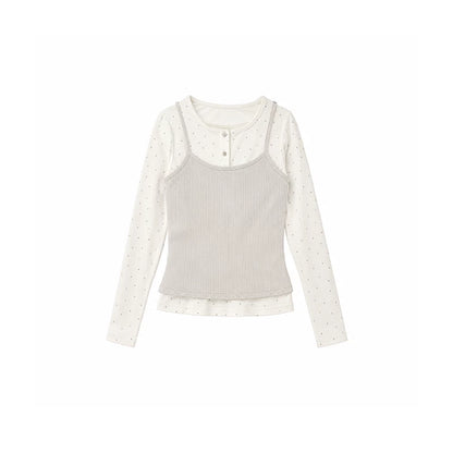DAILY ARTIST - Cream Polka Dot Layered Henley Lace Top