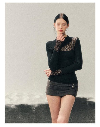 少也眼 “Interplay of Illusion” Semi-High Neck Lace Cutout Top - Black