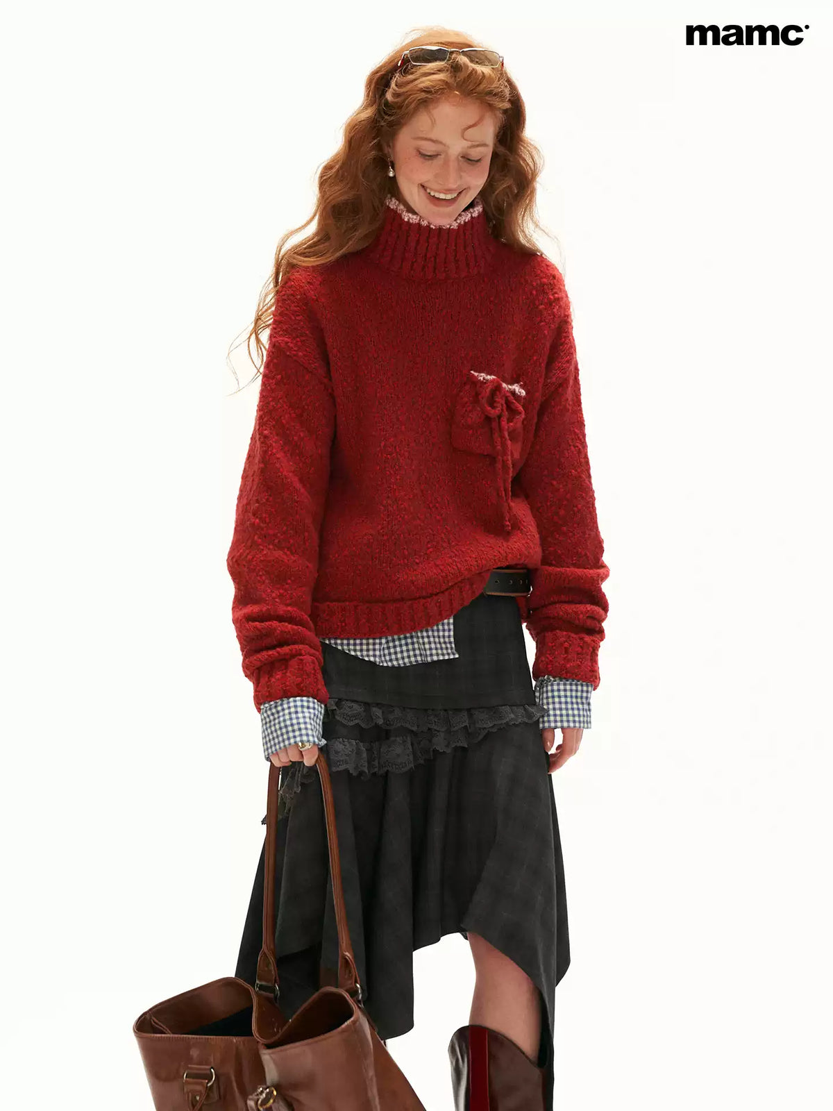 MAMC - Y2K Wool-Blend Mock Neck Pocket Sweater (Red / Yellow)