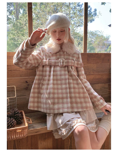 RF - Dusty Pink Plaid Wool-Look Coat with Detachable Fur Collar