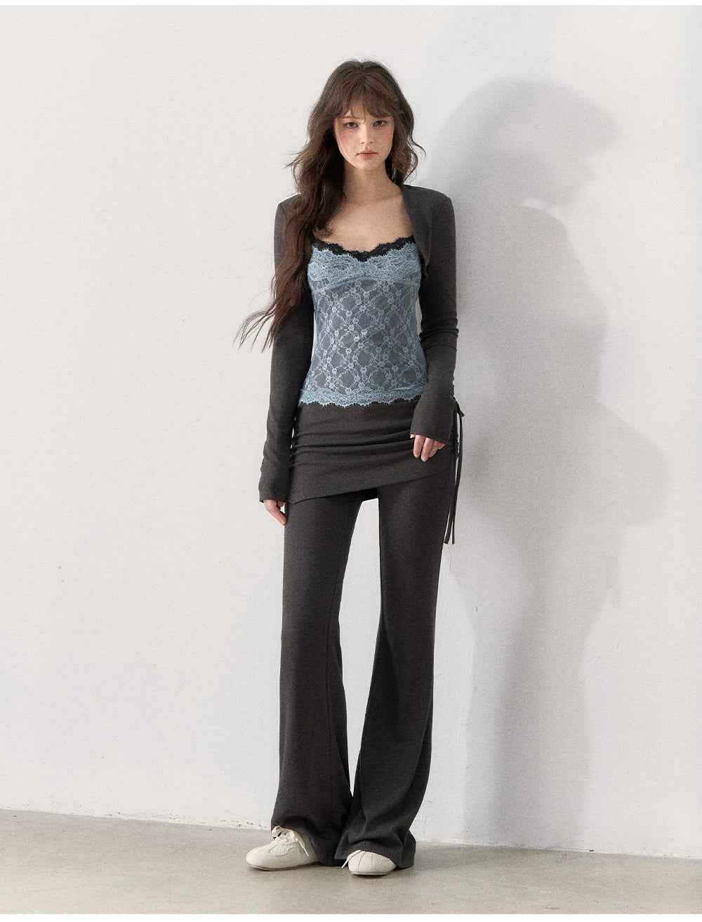 [TMMG] Lace-Trimmed Layered Knit Top & Flared Pants Set