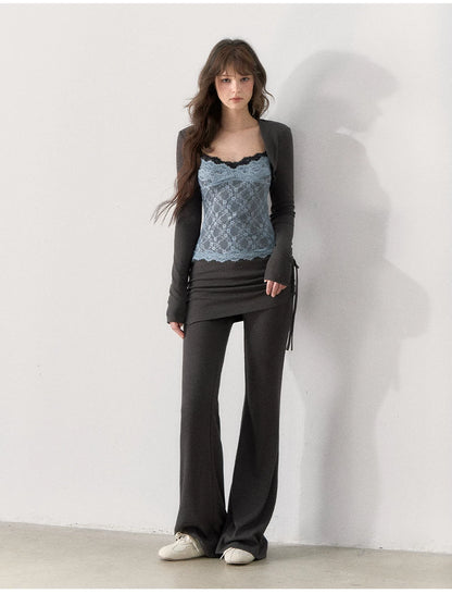 [TMMG] Lace-Trimmed Layered Knit Top & Flared Pants Set