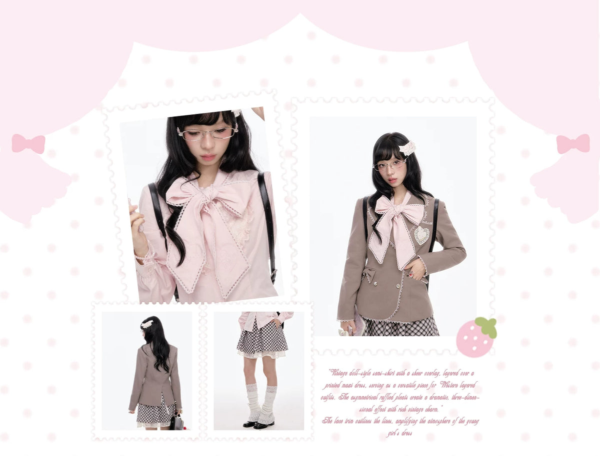“Melody Academia” Pink Blazer + Blush Pink Shirt + Black & White Plaid Skirt Set