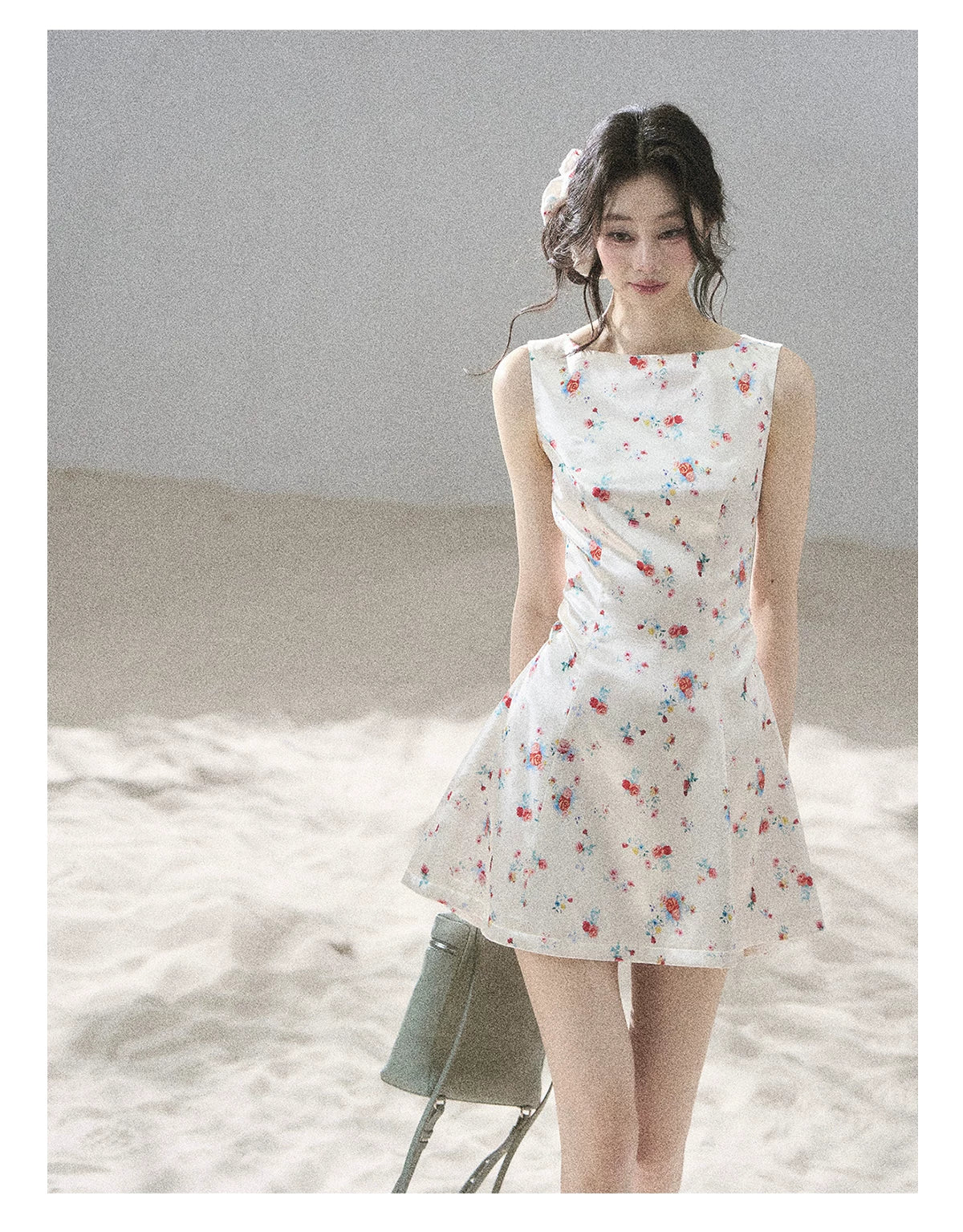 "Where Every Bloom Begins" Dutch Cream Floral Satin Puff Mini Dress (With Matching Scrunchie)