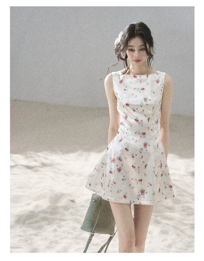 "Where Every Bloom Begins" Dutch Cream Floral Satin Puff Mini Dress (With Matching Scrunchie)