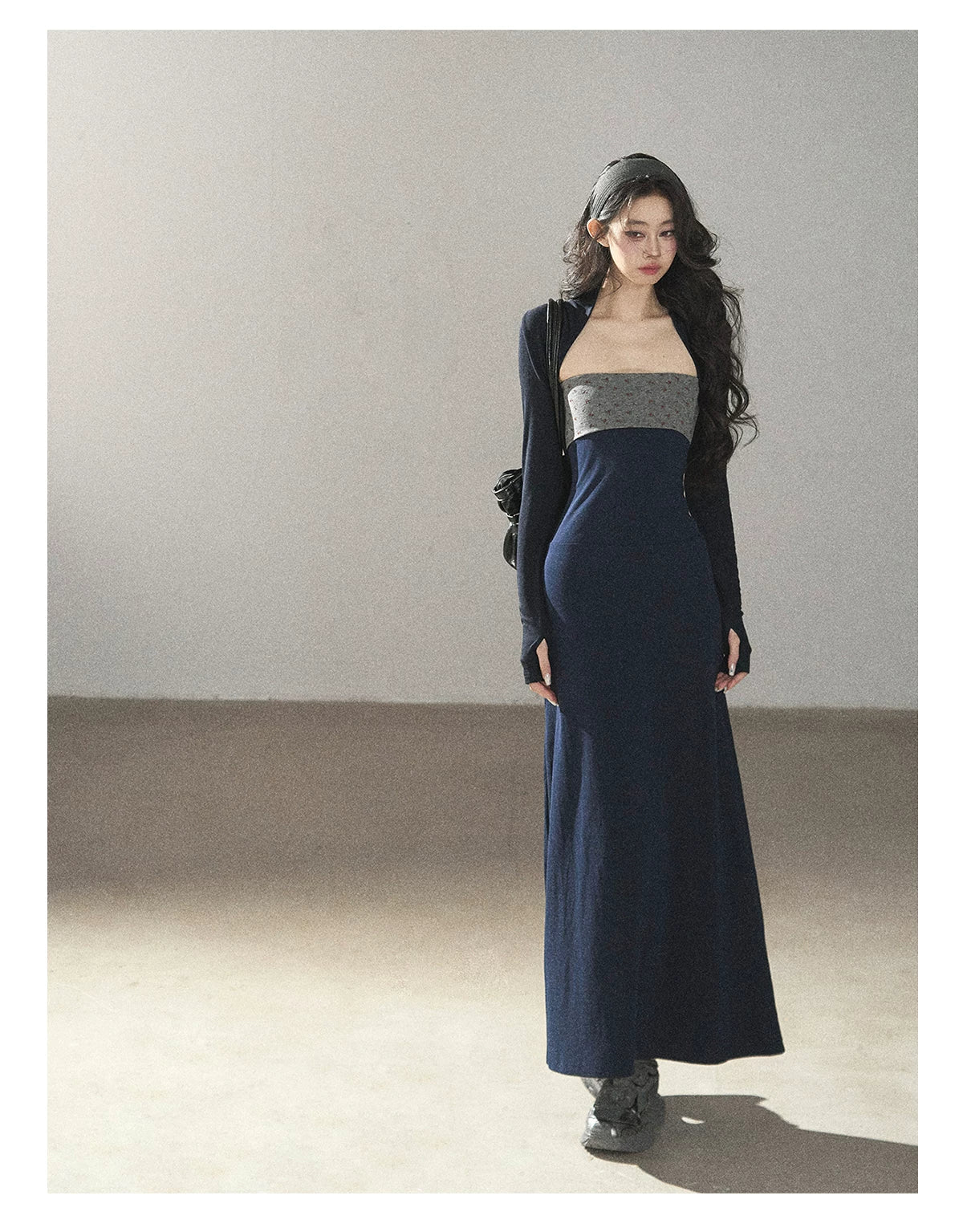AOMALM - Iris Blue Two-Piece Dress Set – Strapless Maxi with Long Sleeve Cardigan