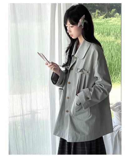 "Sage Whisper" Layered Trench Collection (Round Collar Coat / Knit Top / Polka Dot Cami / Plaid Skirt)