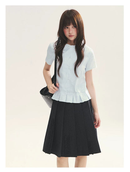 "Citrus Sea Salt" Stripe Lace Peter Pan Collar Pleated Shirt (White Blue / Blue White)