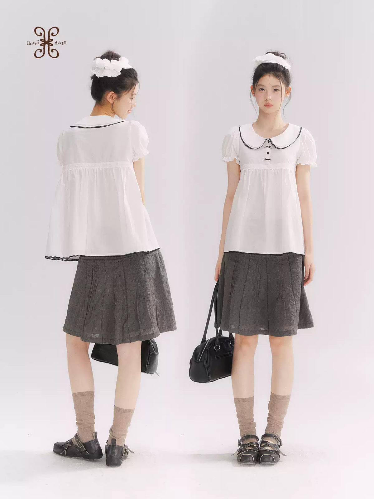 “Misty Texture” Gray Plaid Trim Embroidered A-Line Skirt