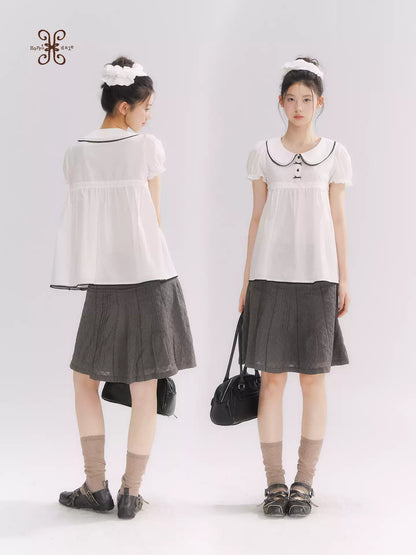 “Misty Texture” Gray Plaid Trim Embroidered A-Line Skirt