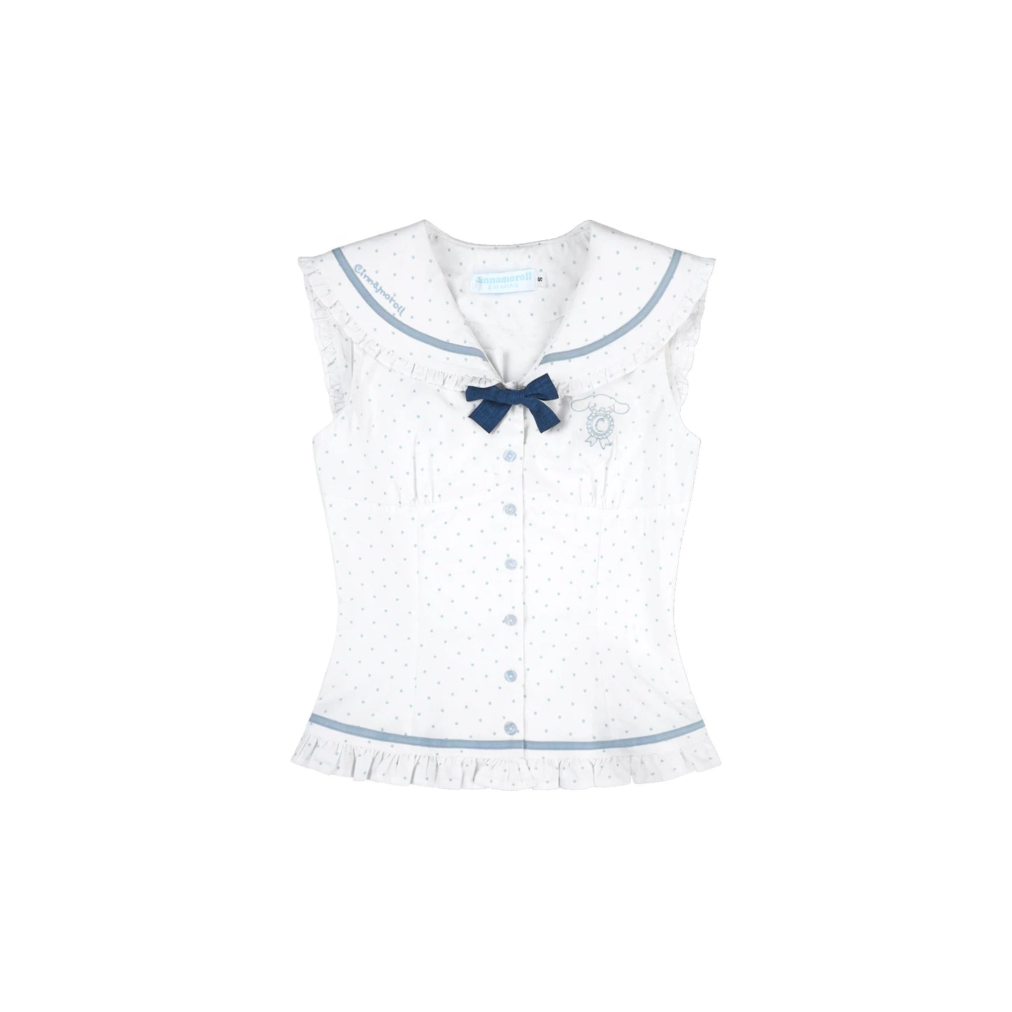 Sleeveless Polka Dot Sailor Collar Shirt & Light Blue Contrast-Trim Skirt