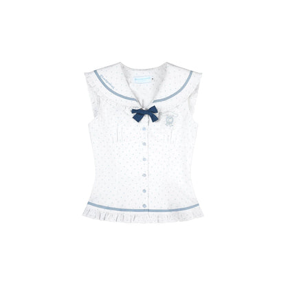 Sleeveless Polka Dot Sailor Collar Shirt & Light Blue Contrast-Trim Skirt