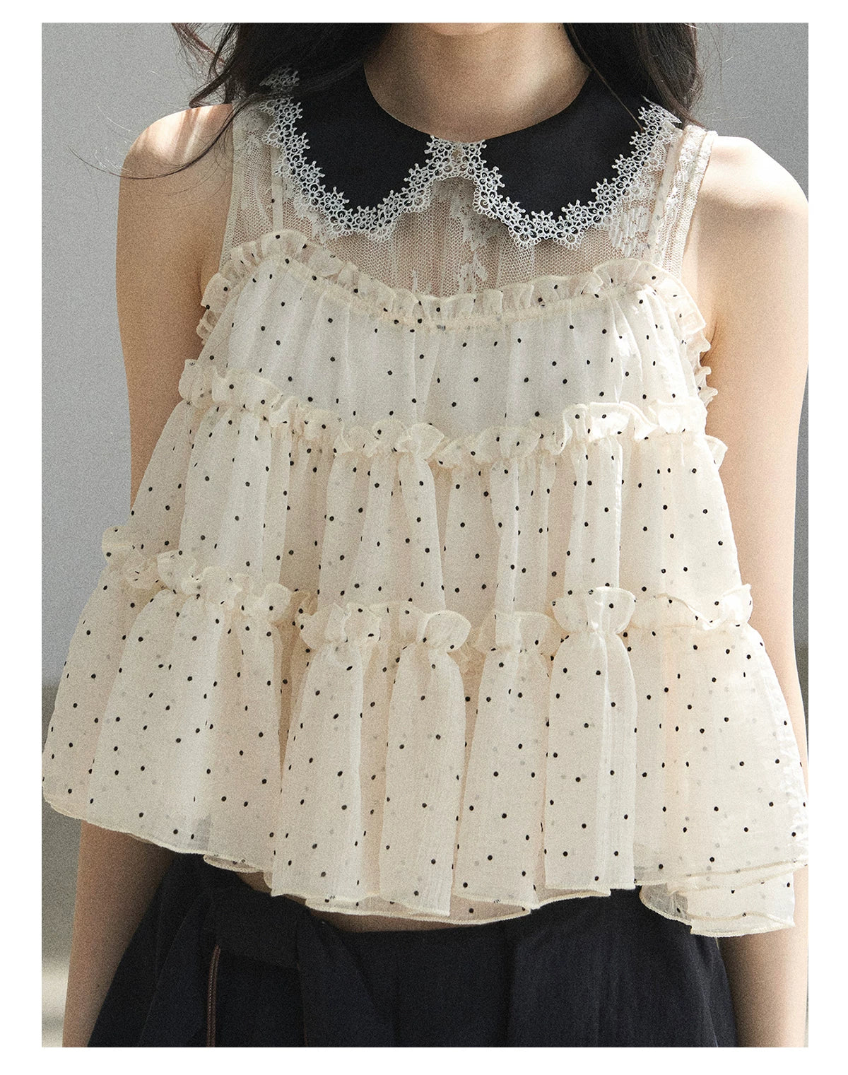 "A Dream Like Foam" French Polka Dot Chiffon Babydoll Blouse