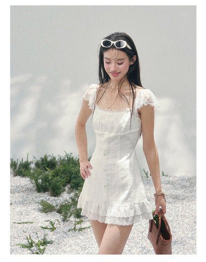 “Summer Tide Reverie” Lace Trim Puff Mini Dress