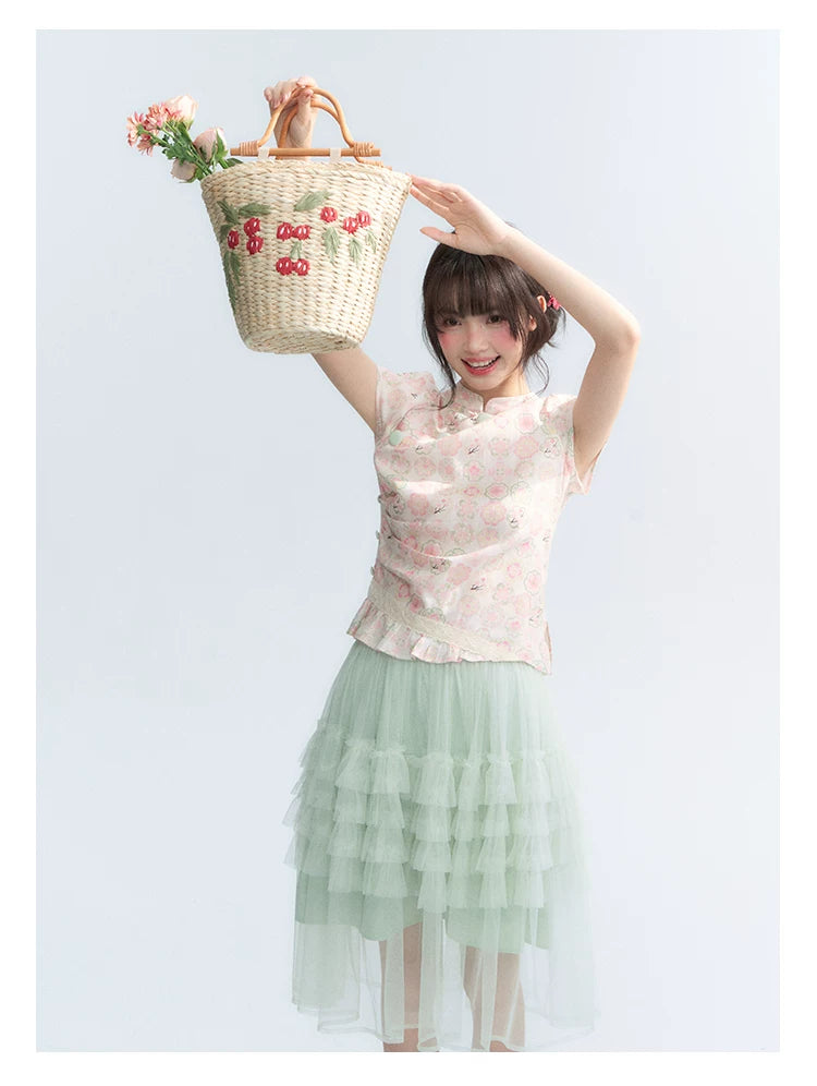 "Lime Mille-Feuille Glow" Peach Mist Chinese-Inspired Short Sleeve Top & Lime Green Tulle Tiered Skirt Set