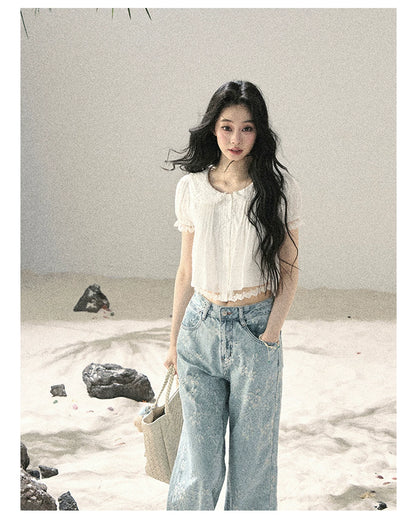 "Speechless Moonlight" Cloud White Lace Puff Sleeve Crop Top 74555