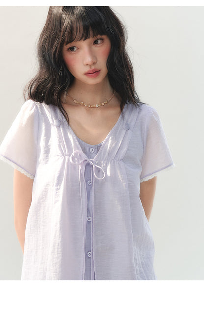 [CAN] "Lilac Cotton Bloom" Lavender Lace Trim Lightweight Cardigan
