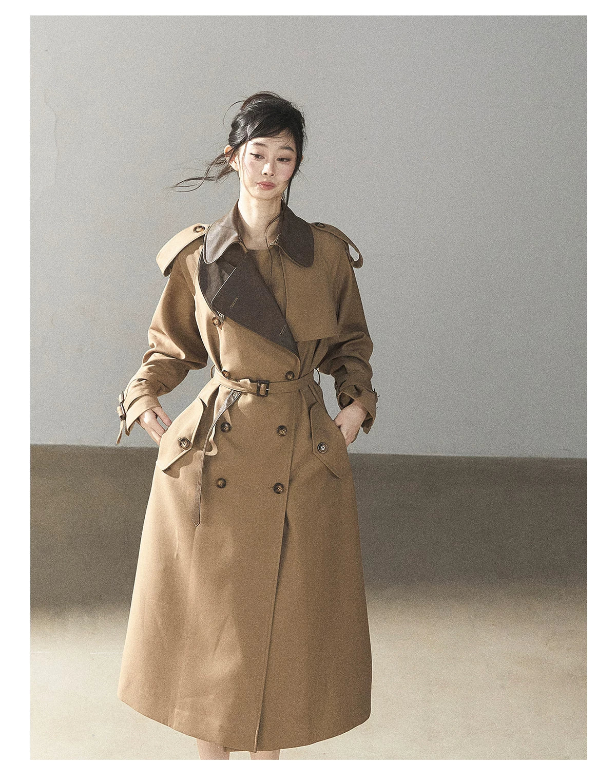 AOMALM - Chestnut Brown Long A-Line Trench Coat with Belt