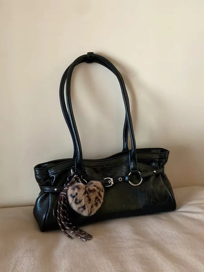 “Vintage Waxed Leather” Korean-Style Tote Shoulder Bag (Black / Brown / Burgundy)
