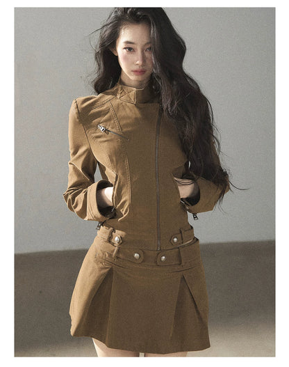AOMALM - "Olive Autumn" Brown Faux Leather Jacket & Pleated Skirt Set