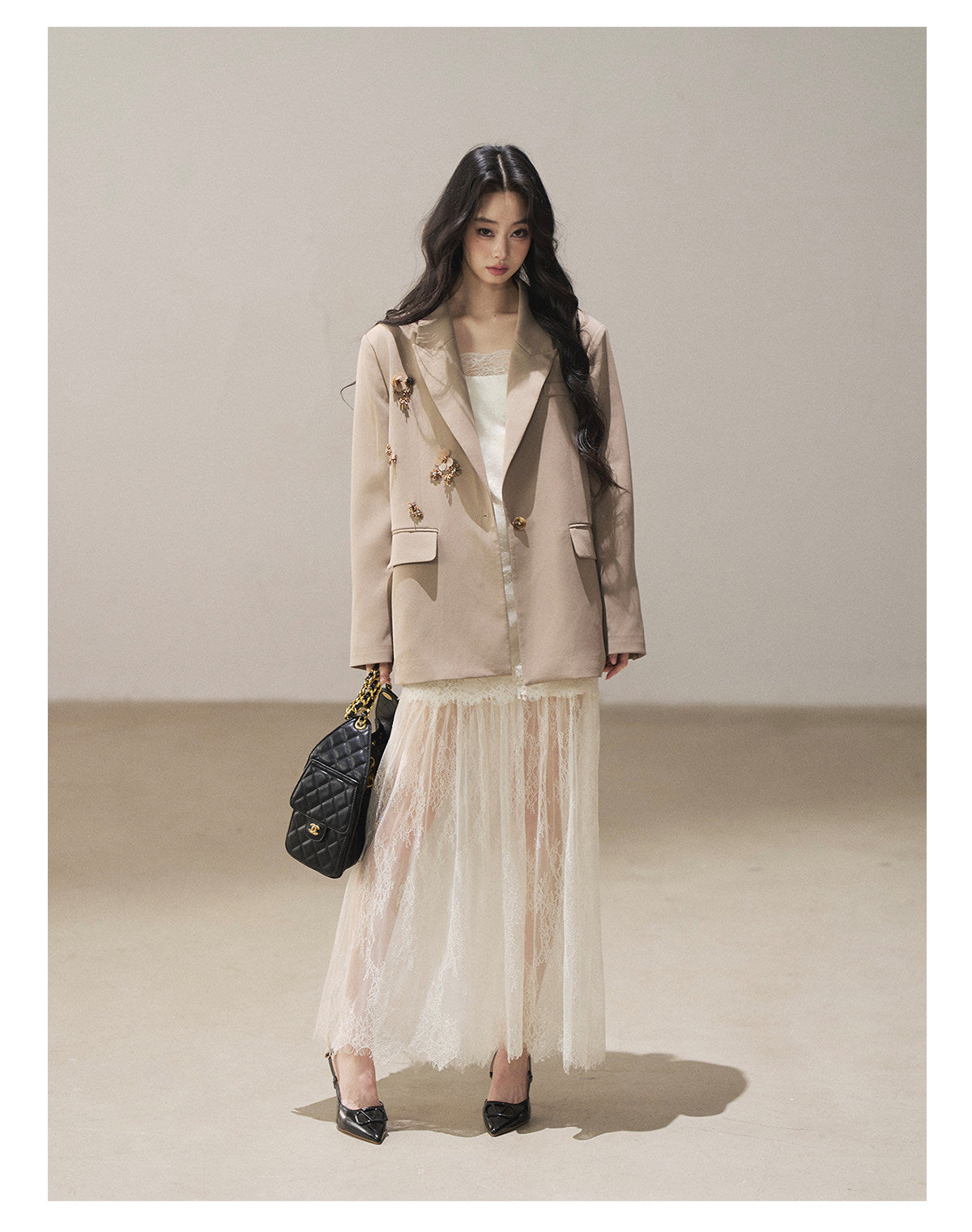 170726 "Your Open Meadow" Taupe Gray Floral Embellished Oversized Blazer