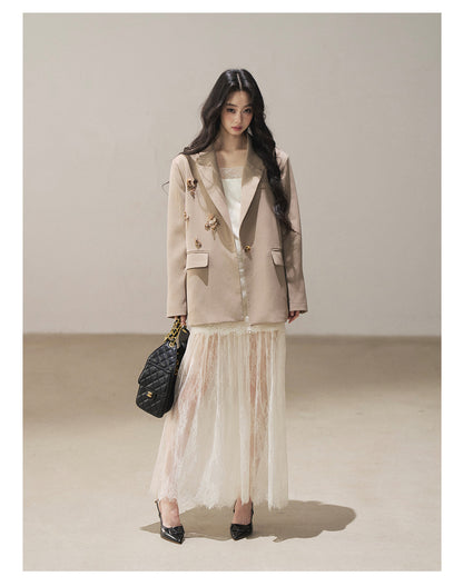 170726 "Your Open Meadow" Taupe Gray Floral Embellished Oversized Blazer