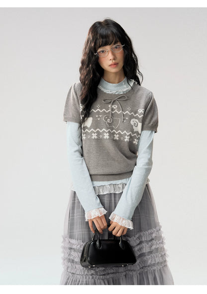 [CAN] "Little Lamb Adventure" Gray Jacquard Bow-Detail Short Sleeve Knit Top